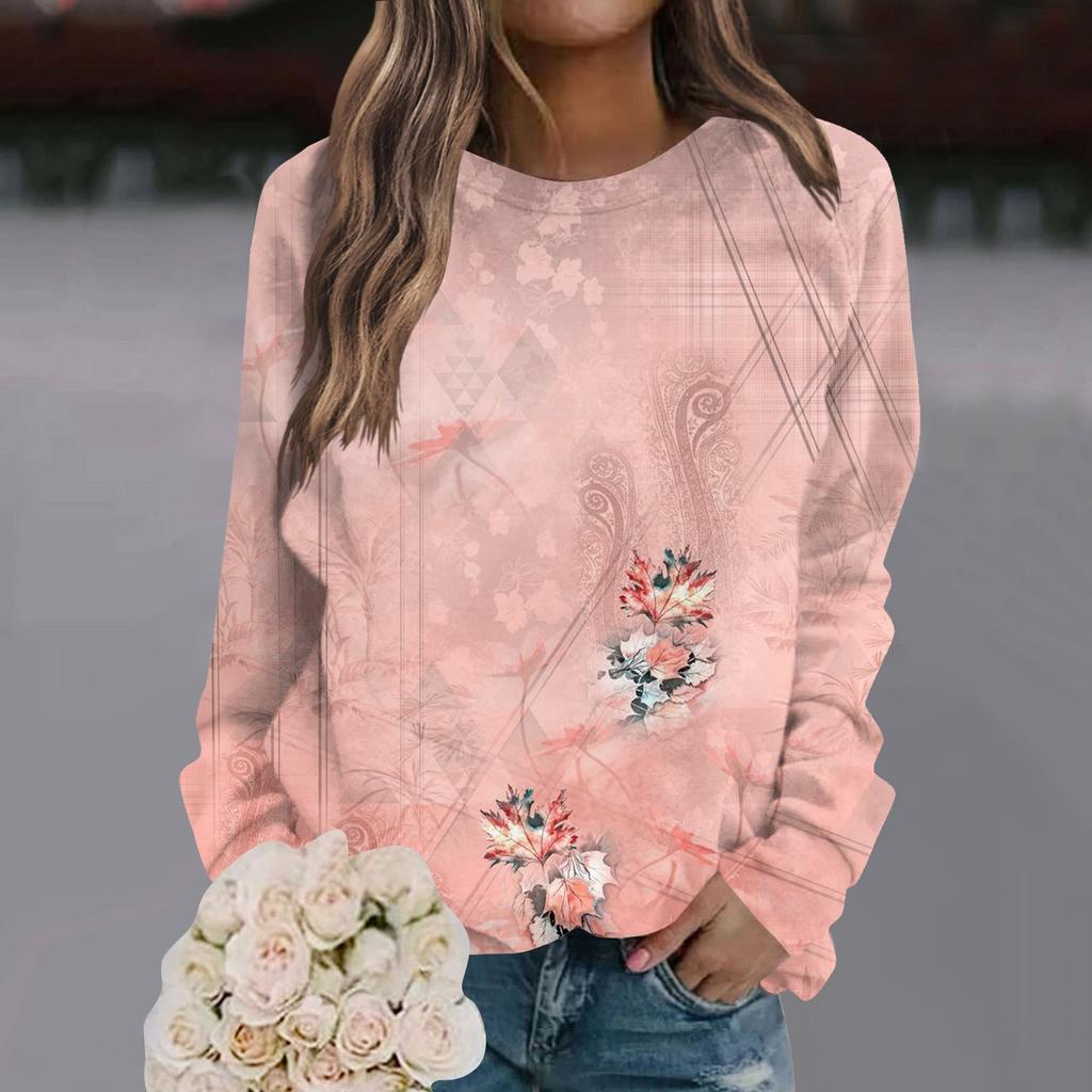 Dámská ležérní móda s květinovým potiskem s dlouhým rukávem a pulovrem do O-výstřihu