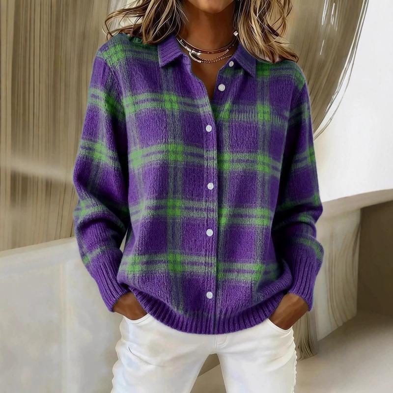 Women's Casual Plaid Long Sleeve Lapel Cardigan Sweater for Autumn and Winter