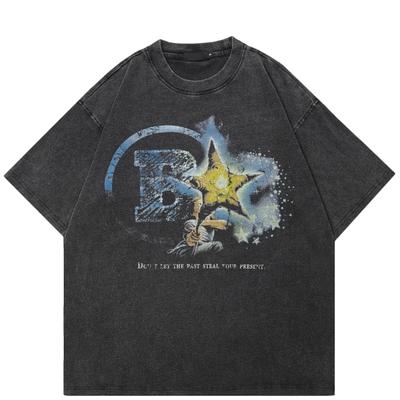 Streetwear Star Graphic Unisex T-Shirt Cotton Washed Black Tshirt Unisex Tops Tees Summer Short Sleeves T Shirt