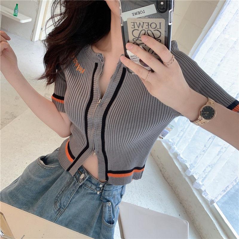 Double Zipper Slim Knit Sweater Top for Women's Summer Korean Version with Exposed Navel Short Sleeved T-shirt