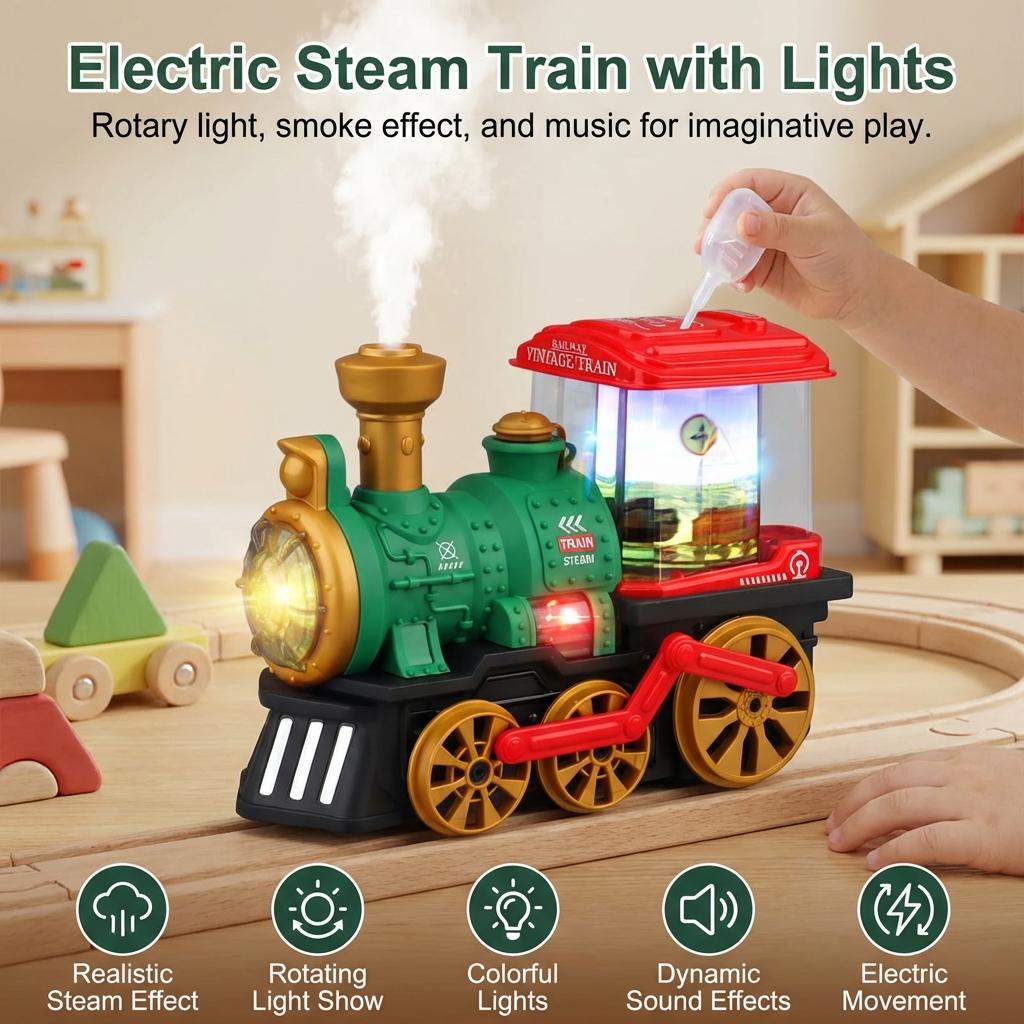 Electric Toy Train For Kids With Light Music And Mist Function Vintage Design 18x9.5x14cm ABS Material