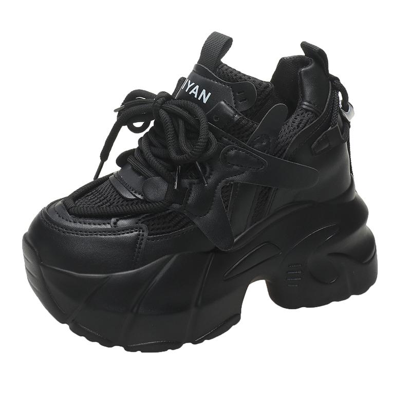 Fashion 9.5CM Women Casual Leather Sneaker Autumn Lace up High Platform Shoes Thick Sole Sport Dad Shoes Woman Sneakers Chaussure Femme