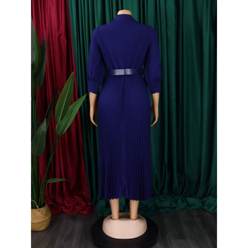 Plus Size Women Solid Color High Waist V Neck 3 4 Sleeve Pleated Midi Dress