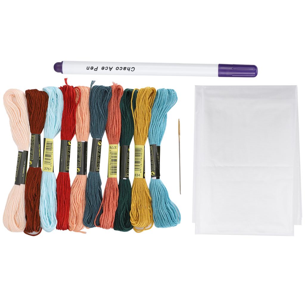 Cross Stitch Set 10 Color Embroidery Thread Water Soluble Cloth Needle Kit for Beginner