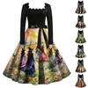 Women's Vintage Long Sleeve Square Neck Witch Print Dress for Halloween Party