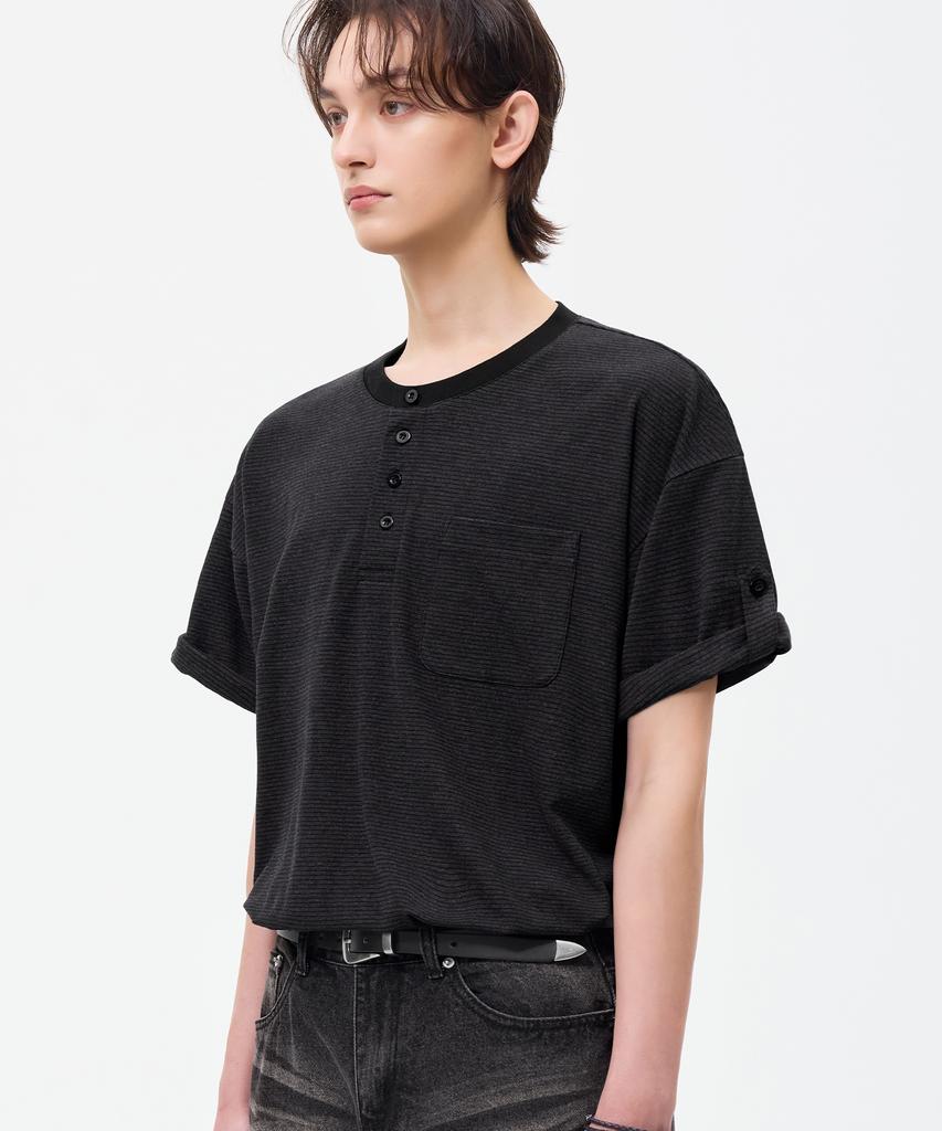 TRILLION Roll-Up One-Pocket Henley Neck Short Sleeve T-Shirt_4Color