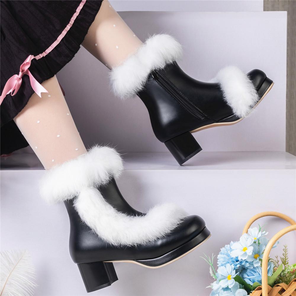 Fashion Ladies Ankle Boots Women Shoes Sweet Fur Lolita Lovely Cosplay Platform Girls Mid Heels Booties Woman Pink White Big Size 31-46
