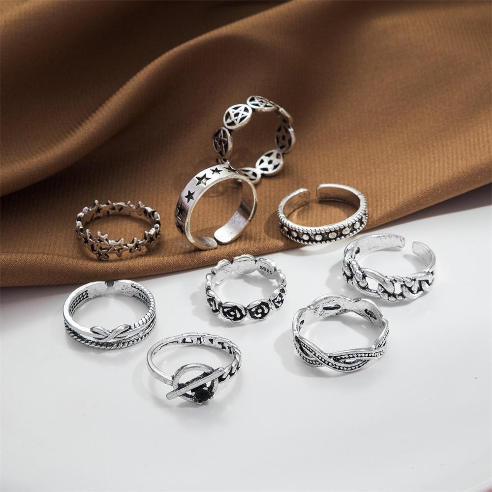 Trendy Antique Silver Color Ring Set Punk Hip Hop Street Style Women Fashion Jewelry Gift