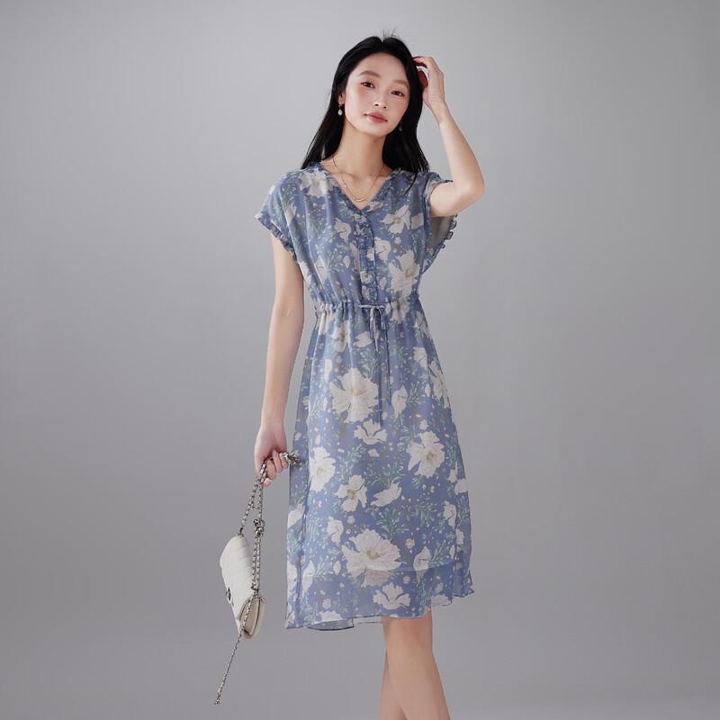 SOFSIL 2026 Sommerliches Blumiges V-Ausschnitt Kurzarm Midi-Kleid