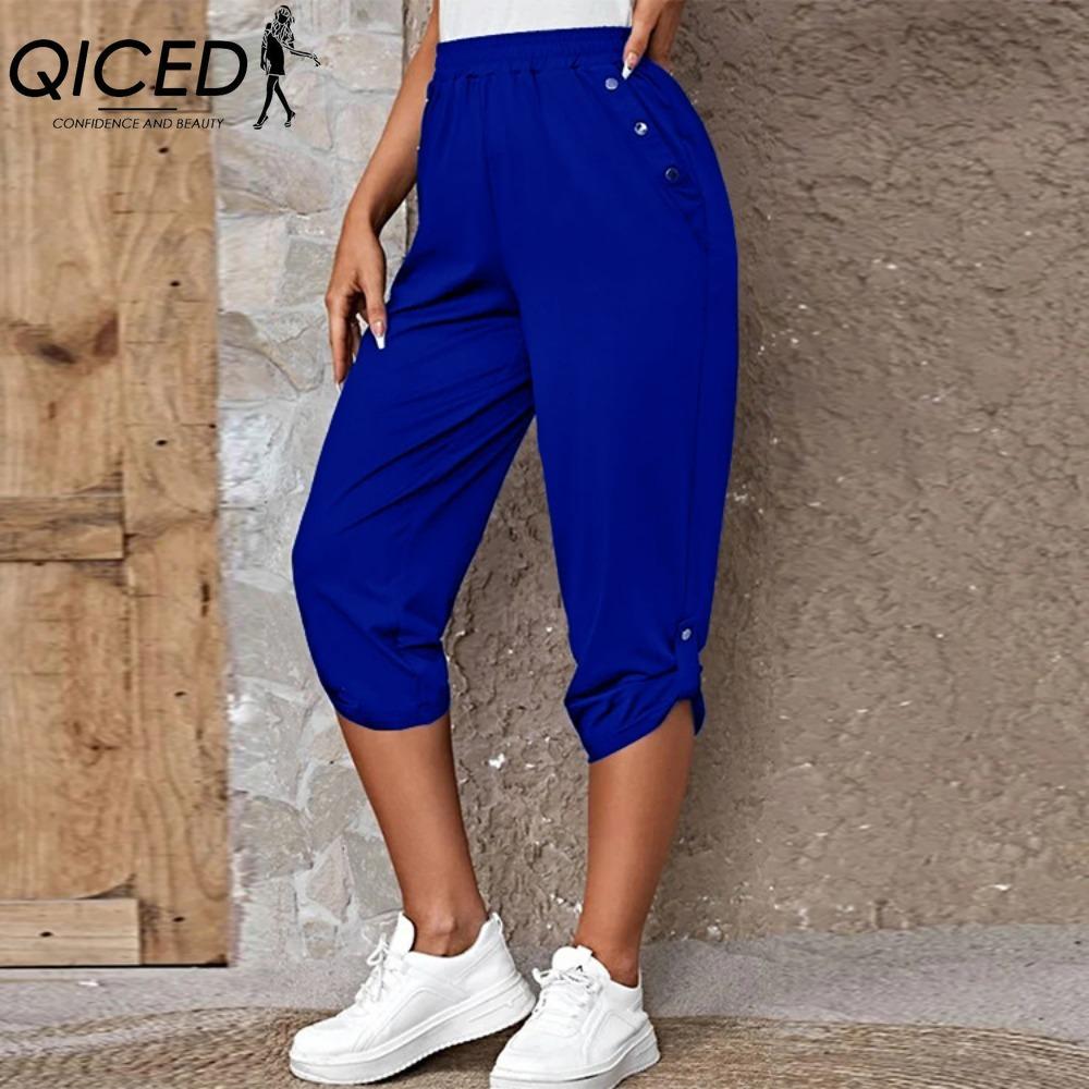 QICED Damen Cropped Hosen mit Taschen und elastischem Bund, Sommerknöpfe