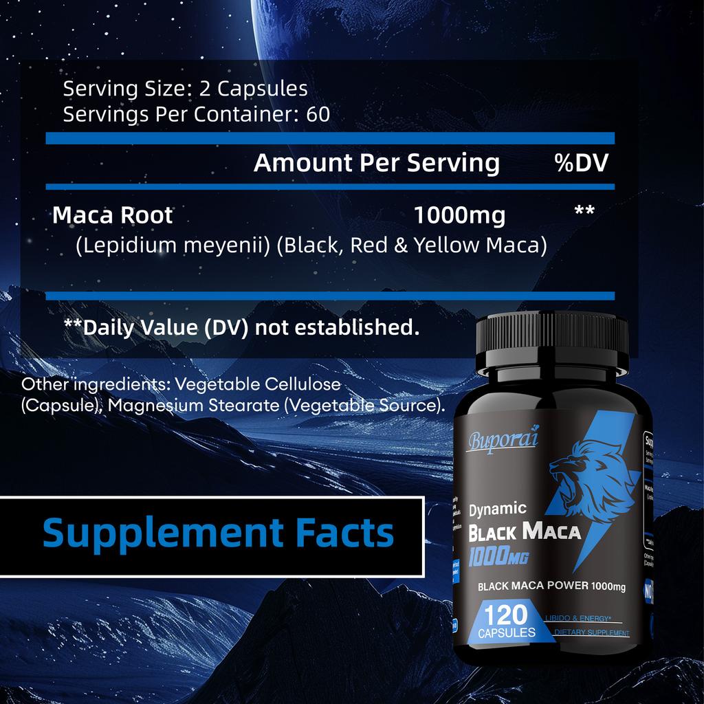 Černá maca kořen, 1000 mg, zvyšuje energii, poskytuje energetickou podporu, podporuje imunitní systém, veganský, vhodný pro dospělé.
