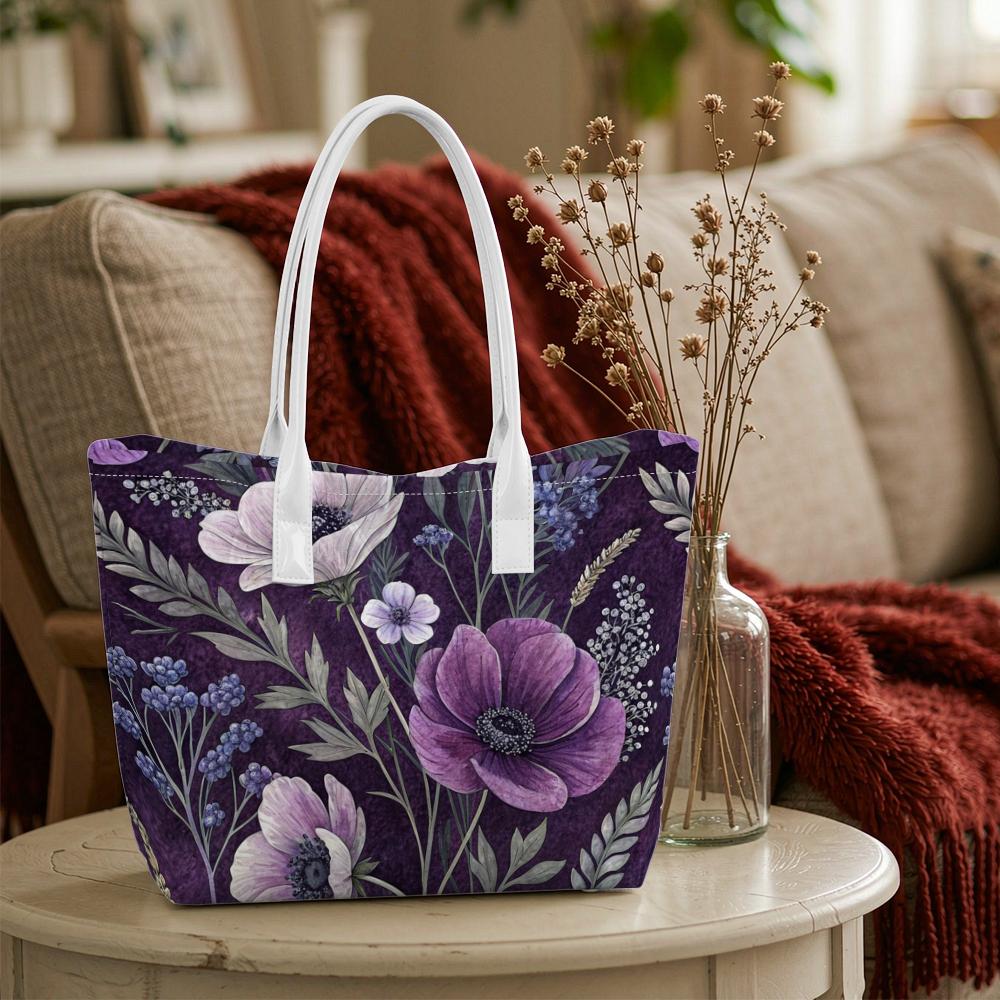 Purple Floral Shoulder Bag Fashion Casual Daily Tote Handbag Aesthetic Trendy Large Capacity Carryall for Women Portable Outdoor Commuting Bag