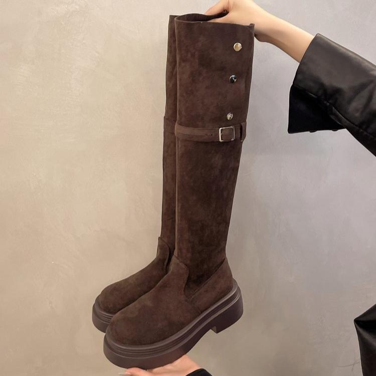 

Длинные сапоги на толстой подошве для женщин, осенние и зимние, замшевые сапоги длиной до колена в стиле ретро, высокие рыцарские сапоги 37