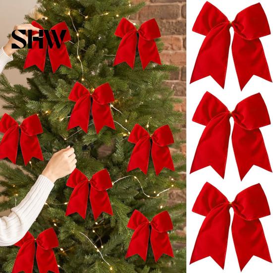 Retro Christmas Ornaments 2Pcs Tree Bow Decors, Velvet Fabric Holiday Wreath Hanging Ornament Decorations for Home, Festive Garland Wedding