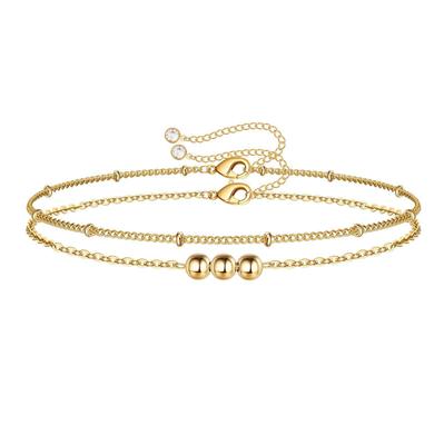 18K Gold Non-Fading Stainless Steel Double-Layer Bracelet for Women with Adjustable Three Gold Beads
