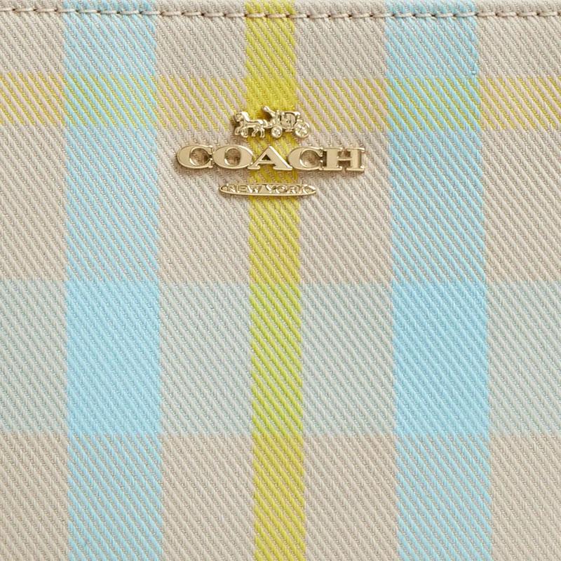 COACH Nolita 19 Plaid Print Top Zip Closure Recycled Polyester Shoulder Tote Small Women's Blue with Yellow
