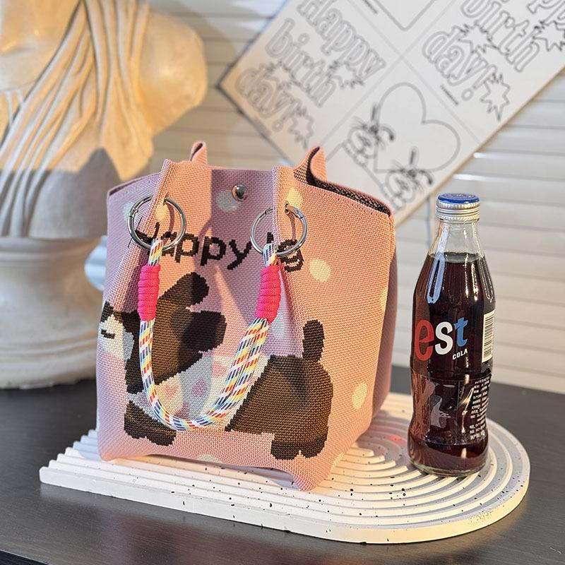 Cute Cartoon Knitted Bucket Bag For Women Girls  Versatile Large Capacity Portable Handbag Tote Small Square Bag Gift