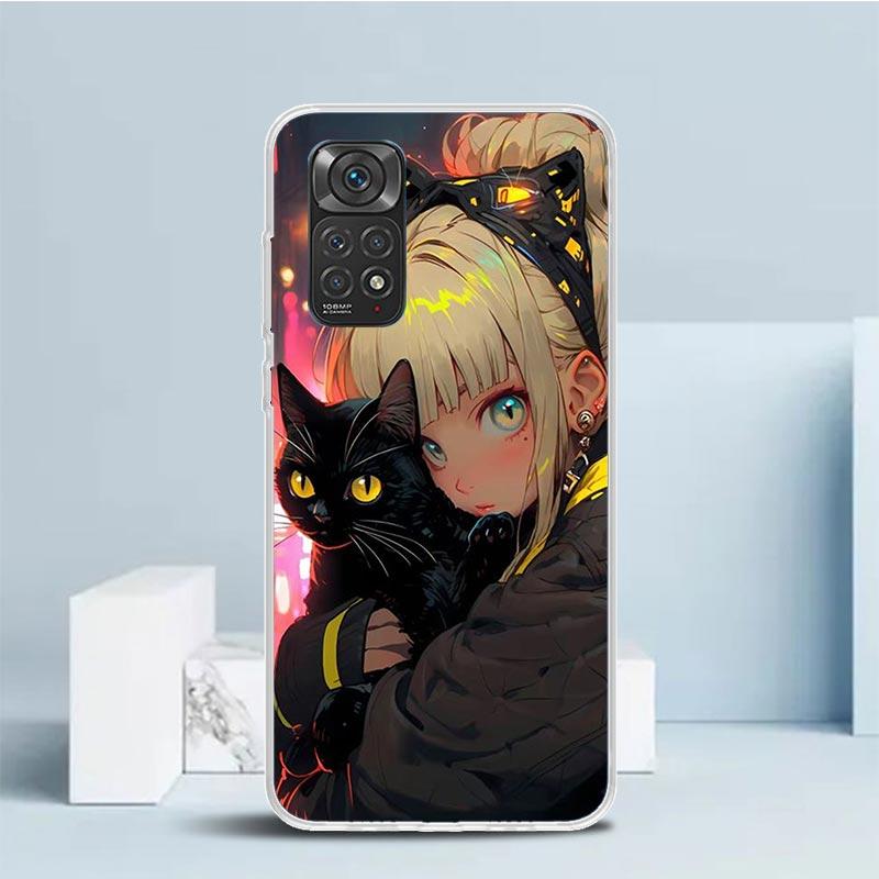 Anime Girls Cute Black Cat Phone Case For Xiaomi Redmi Note 15 14 14S 13 12S 12 Pro Plus 11S 11 11T 11E 10S 10 + Soft TPU Back C