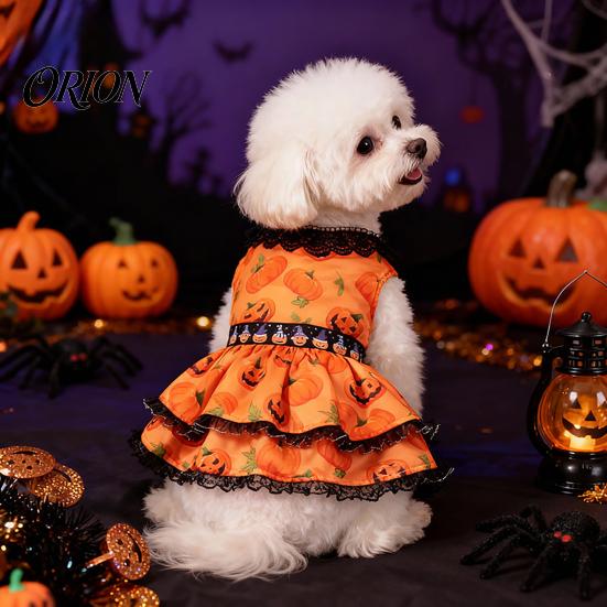 Black Lace Dog Dress Halloween Pumpkin Dress, Neck Outfit, Ruffled Cute Pet Clothes Autumn Festive Party Costume for Small Dogs Holiday