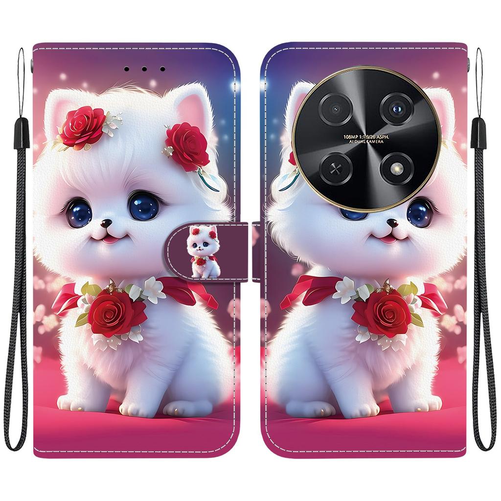 Handgefertigte PU-Leder-Klapphülle für Huawei nova 12i Rutschfeste Stoßfeste Hülle mit Handschlaufe & Herz/Rose Katze Designs