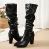 Spring Autumn Women Knee Boots Pleated Thigh Long Booties Sexy Pointed Toe Thick Heeled Black Botas