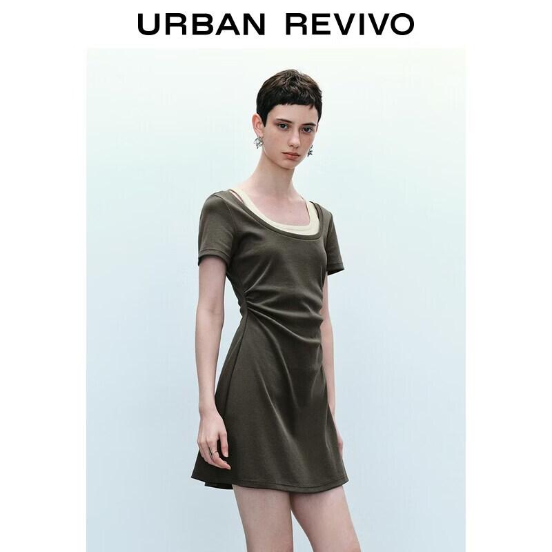 UR2026 Women's Casual Color-block Faux Two-Piece Short Sleeve Dress