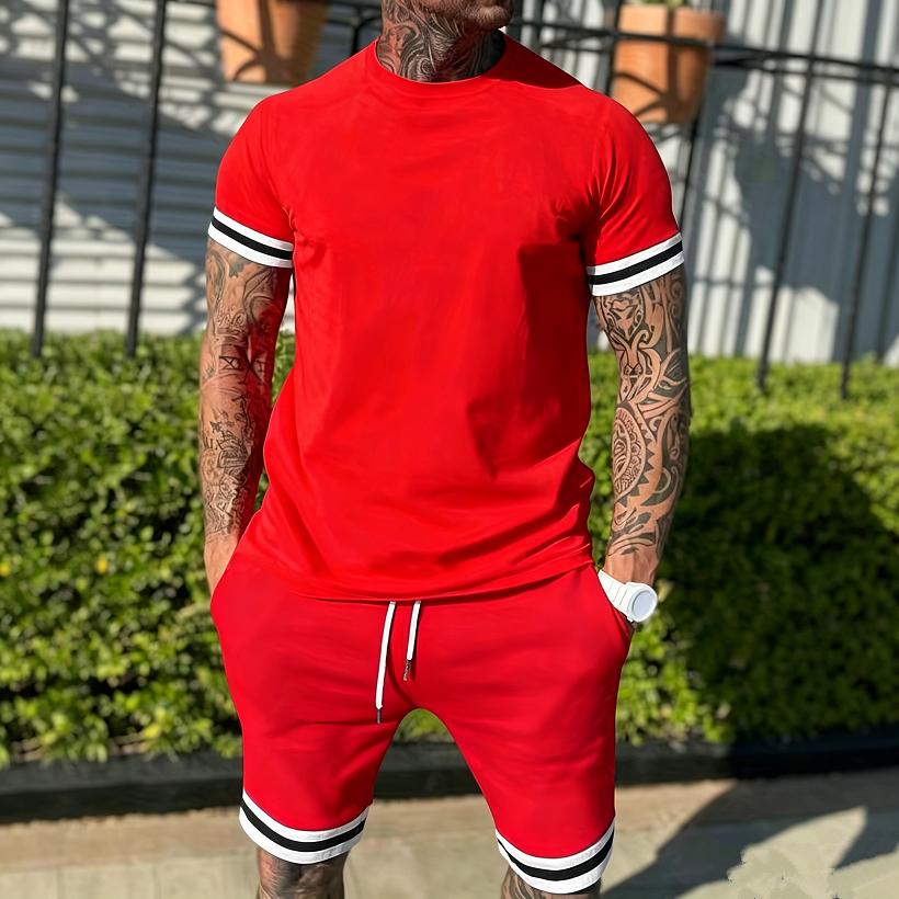 New Summer Men's Minimalist Striped Printed Comfortable and Breathable Round Neck T-shirt Shorts Set for Outdoor Casual Wear