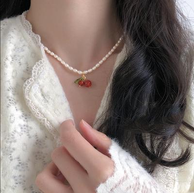 Vintage Natural Pearl Cherry Necklace Neck Chain Girl Mori Necklace New Women's Niche Design Sense Collarbone Chain Women