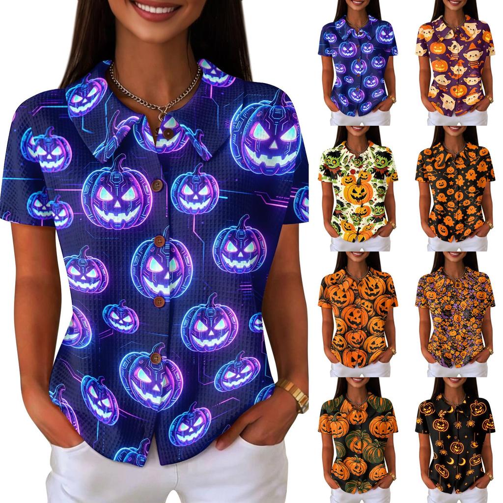 Women's Casual Button Front Waffle Knit Shirt Halloween Print Short Sleeve Top Lightweight Comfortable Relaxed Fit