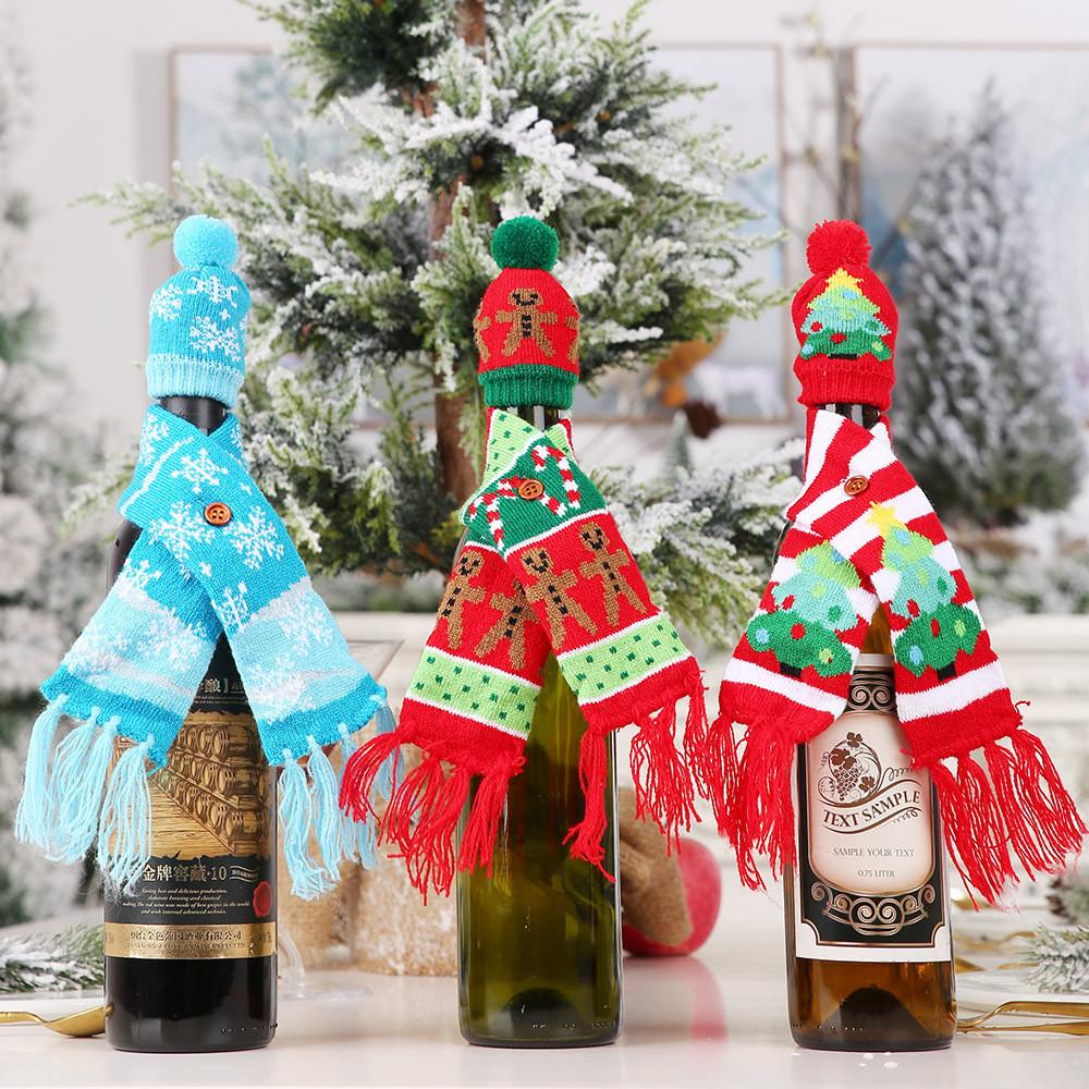 Creative Christmas Wine Bottle Cover Knitted Scarf Style With Festive Designs
