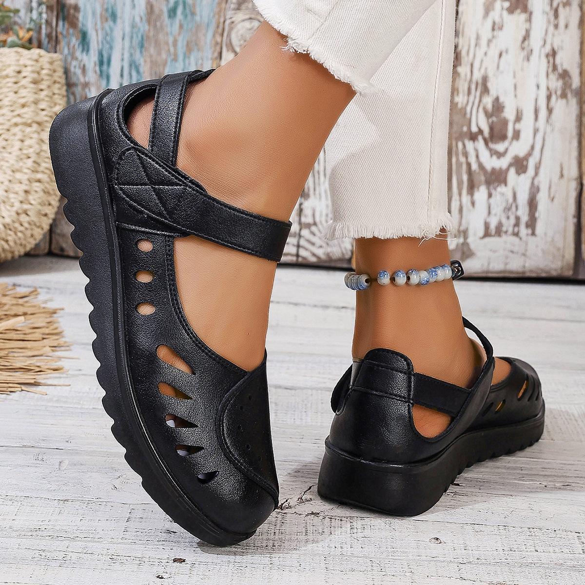 

Летние новые сандалии с открытым носком, дышащие сандалии на толстой подошве с застежкой-липучкой, модные повседневные туфли с мягкой подошвой и отверстиями 41 чёрный