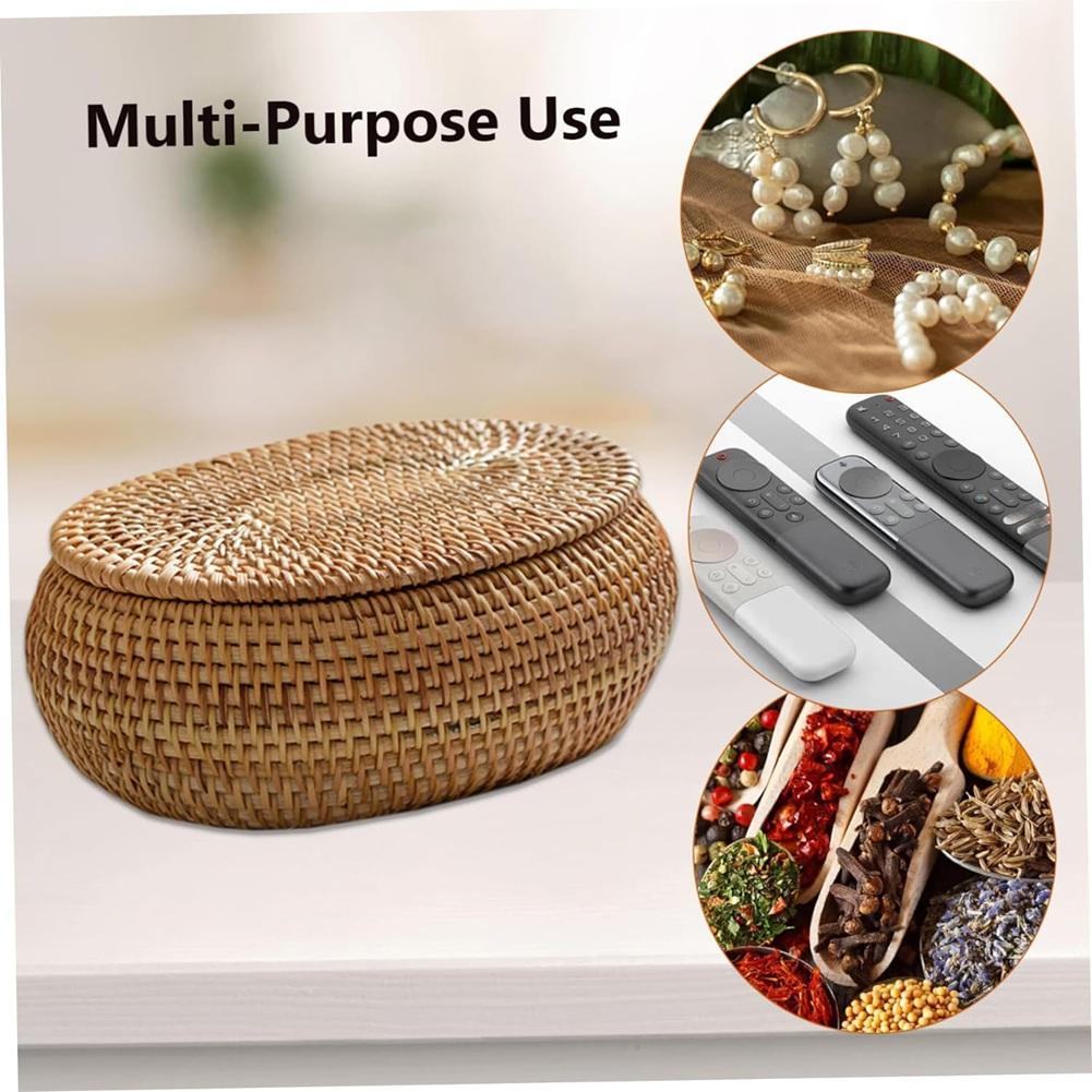 BHBL Rattan Box Storage Baskets with Lid, Rattan Basket, Handwoven Round Woven Basket, Desktop Decorative Box for Home,