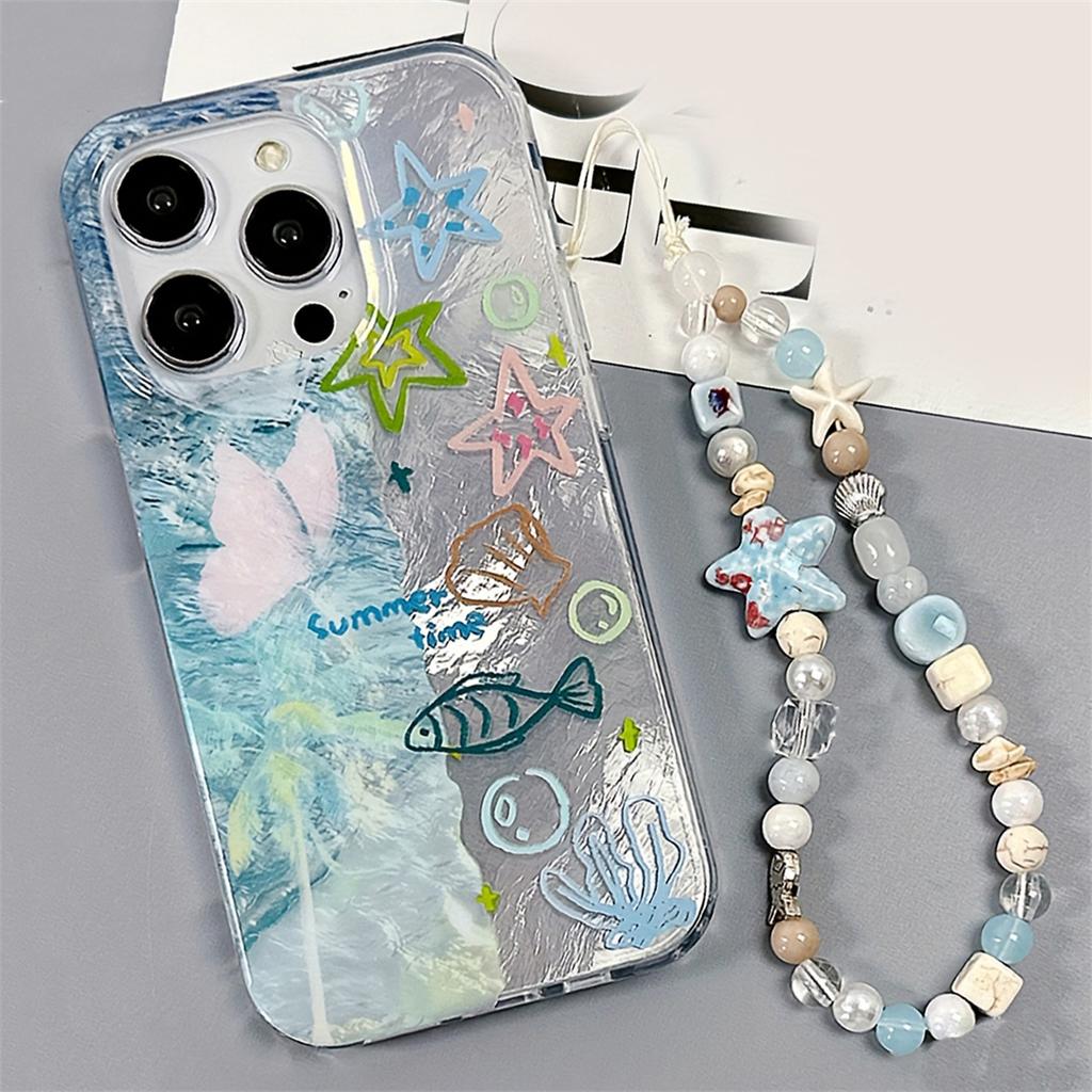 Summer Ocean Fish Butterfly Case For iPhone 16 15 14 13 12 11 Pro Max Plus With Lovely Starfish Bracelet Anti-Lost Cove