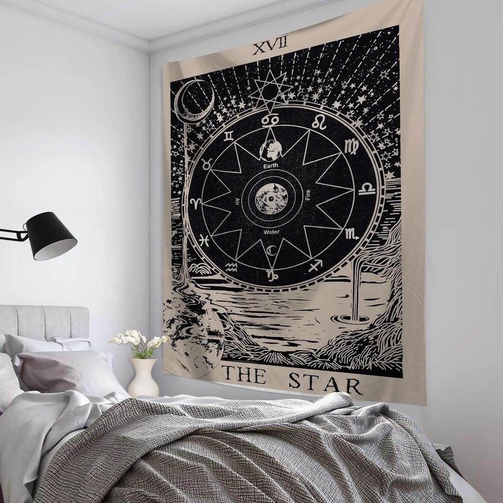 Vintage Sun Tarot Tapestry Floral Design Mystical Elements Unique Wall Art for Home Decor Bedroom Occult Lover Gift