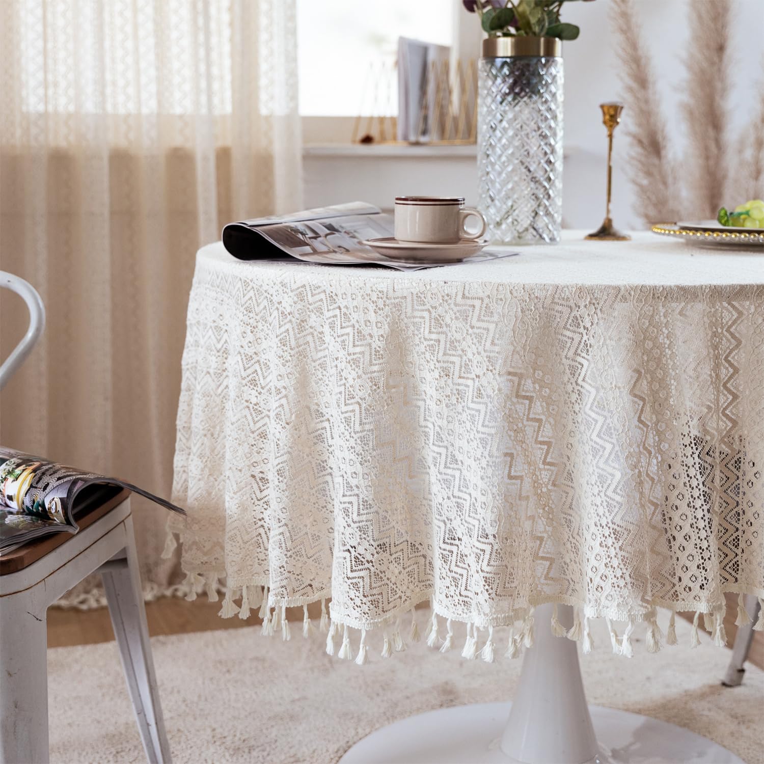 Embroidery Lace Tablecloth,Boho Round Tablecloth with Tassels Farmhouse Table Cover for Wedding Banquet Party Dining Table Decor Diameter 90cm белый