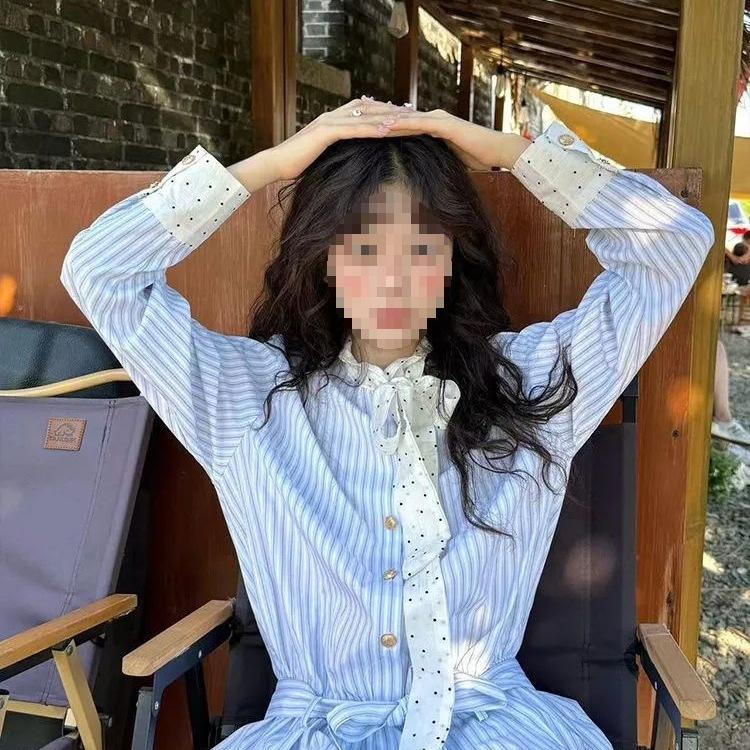 Women's Retro Lace-Up Patchwork Striped Dress: Early Autumn College Style, Waist-Slimming Casual