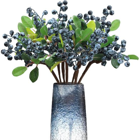 6Pcs Artificial Blueberry Stems Fake Berries Fruit Decor Fake Blueberries Plastic Artificial Fruit Vase Filler Home Wedding Office DIY Party for
