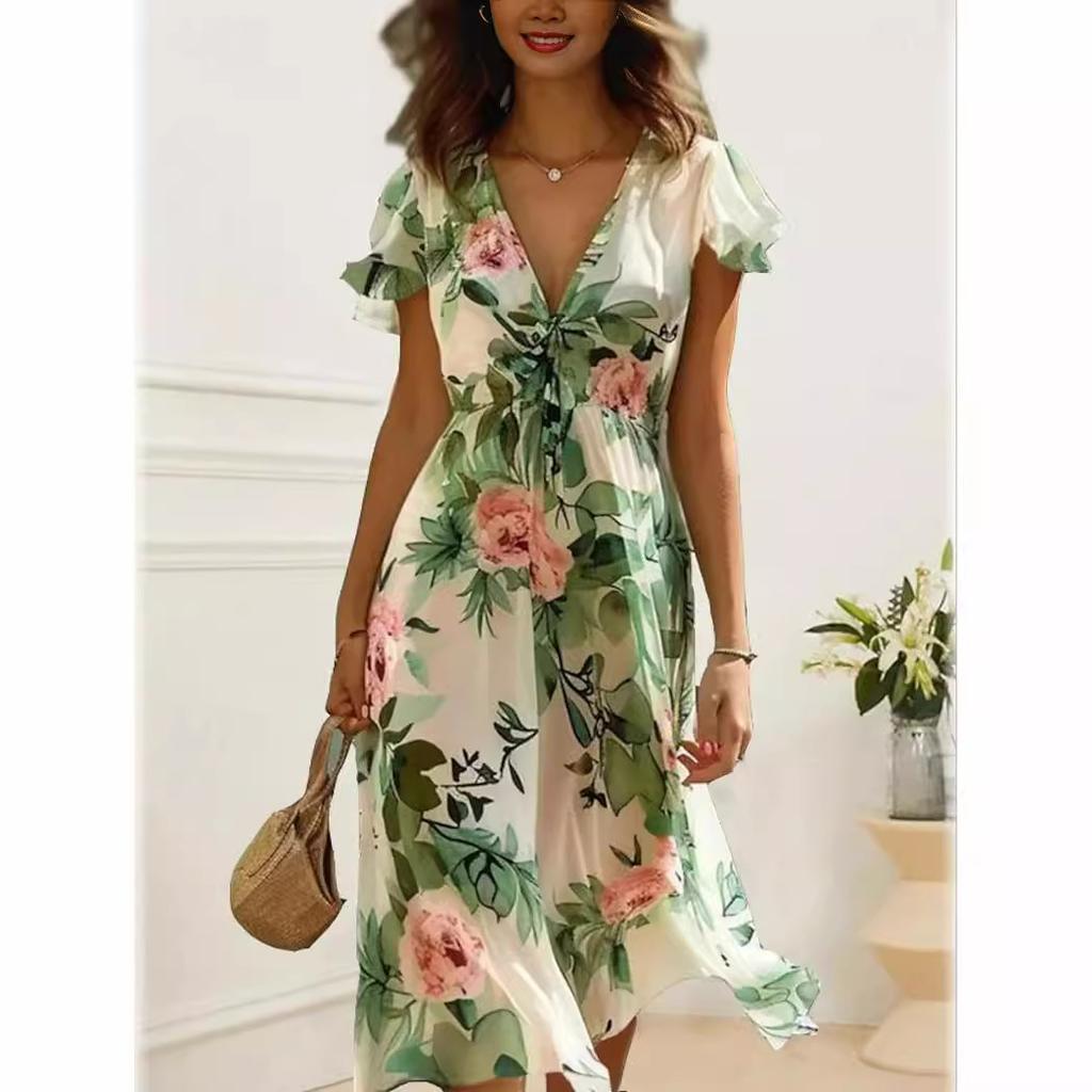 Rochie de damă cu imprimeu floral, gât în V, mâneci scurte cu volane, cu centură