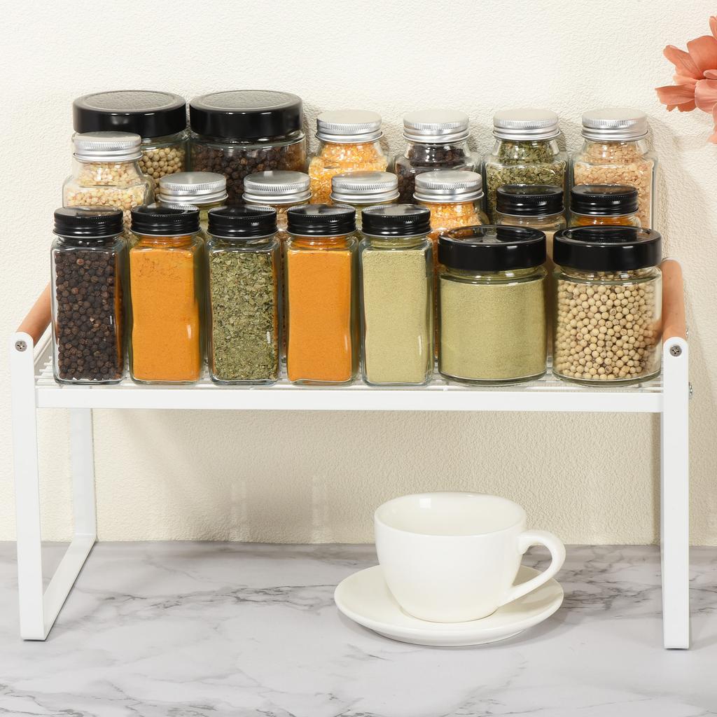 Square Saving Counter Shelf Spices Rack Counter Shelf Cabinet Stackable Wide Countertop Organizer for Kitchen Cabinet White
