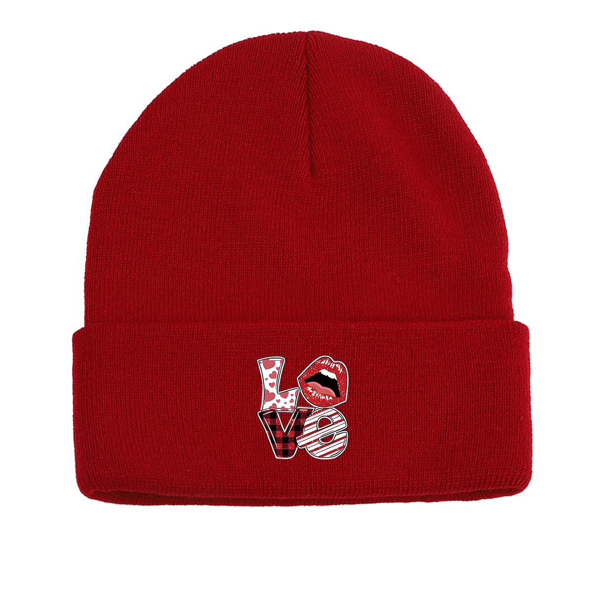 

LOVE Lips Print Knitted Hat Beanie, Skullies Beanies Autumn Soft Stylish Pompom Beanies Knit Cap Beanie as the picture вино красного