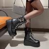 Botas Femininas de Cano Médio Moda Rebite Fivela Estilo Punk Bota Gótica Solado Grosso Botas de Marca Bota de Couro Cosplay Mulheres Bota Plataforma