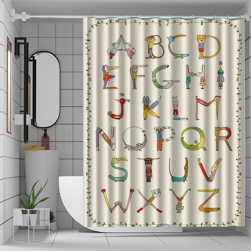 Anti-Fog Shower Curtain, Elegant Alphabet & Animal Design, Vibrant Colors for Kids & Adults Bathroom Decor