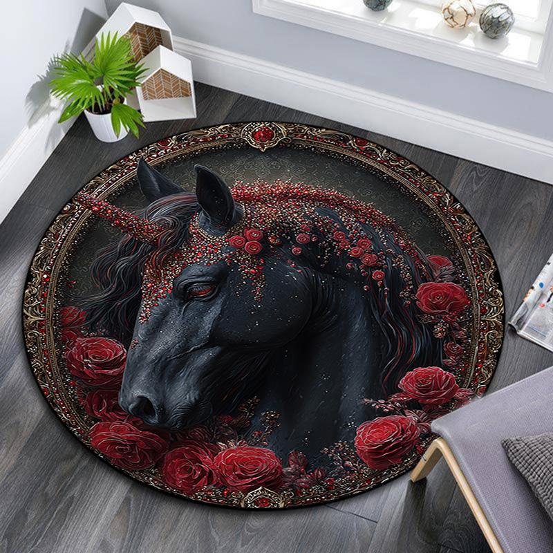 Schwarzes Pferd Runder Teppich, Teppich für Wohnzimmer Schlafzimmer Sofa Spielzimmer Dekor, Rutschfeste Fußmatte
