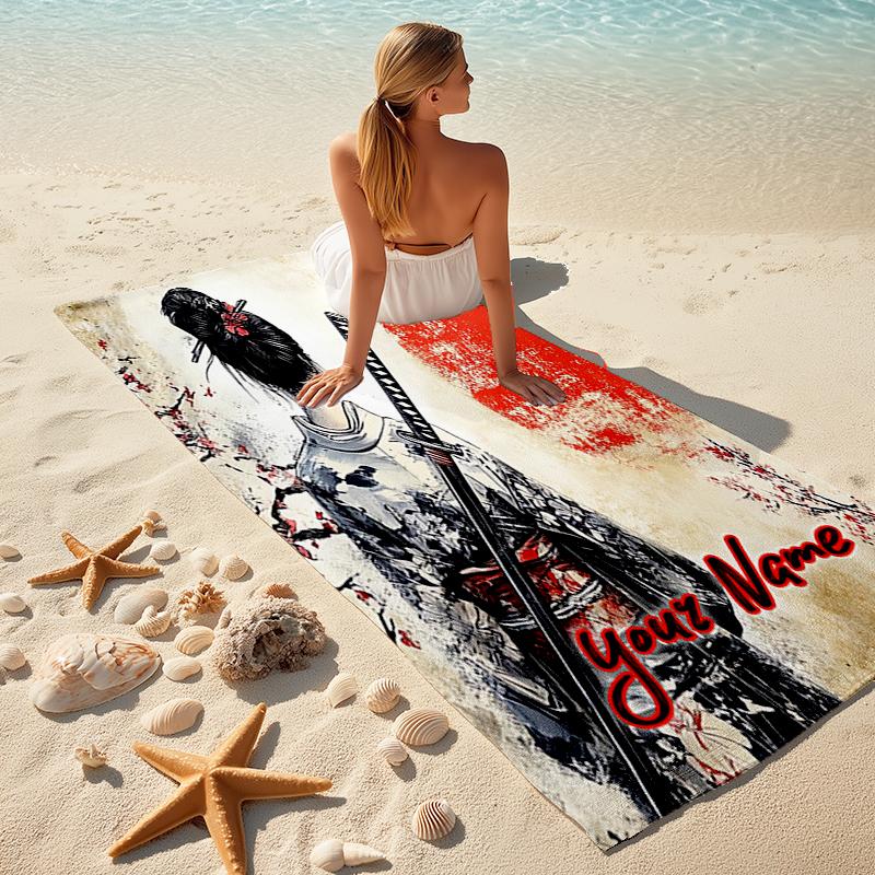 1PC Custom Name Japanese Warrior Art Beach Towel Highly Absorbent And Sand-Resistant Towel for Swimming, Pool, Yoga, And Travel Lightweight