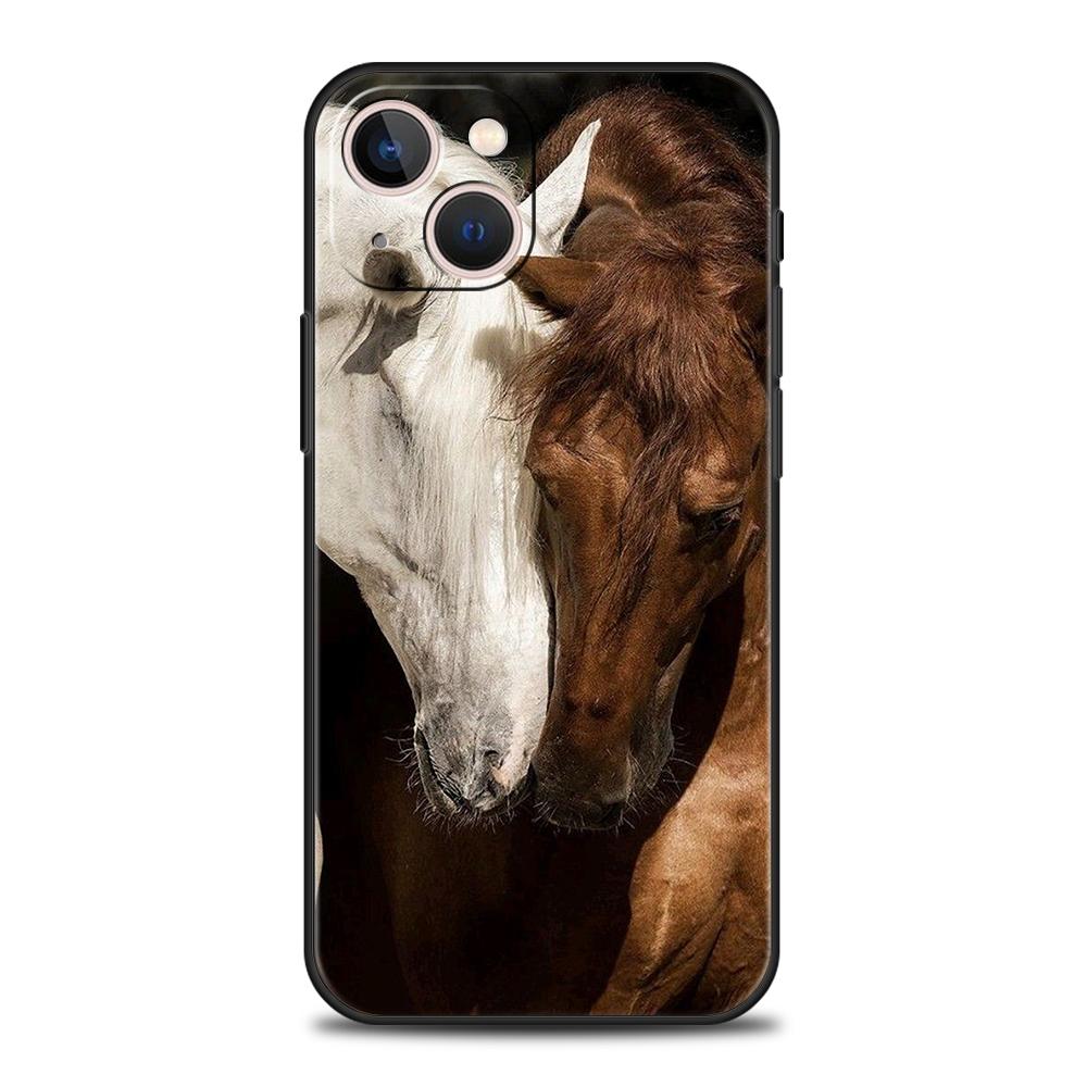 Luxury TPU Soft Phone Case For iPhone 16 11 15 14 Pro MAX 12 13 7 8 Plus X XR XS SE 2022 Black Cover Horse Animal