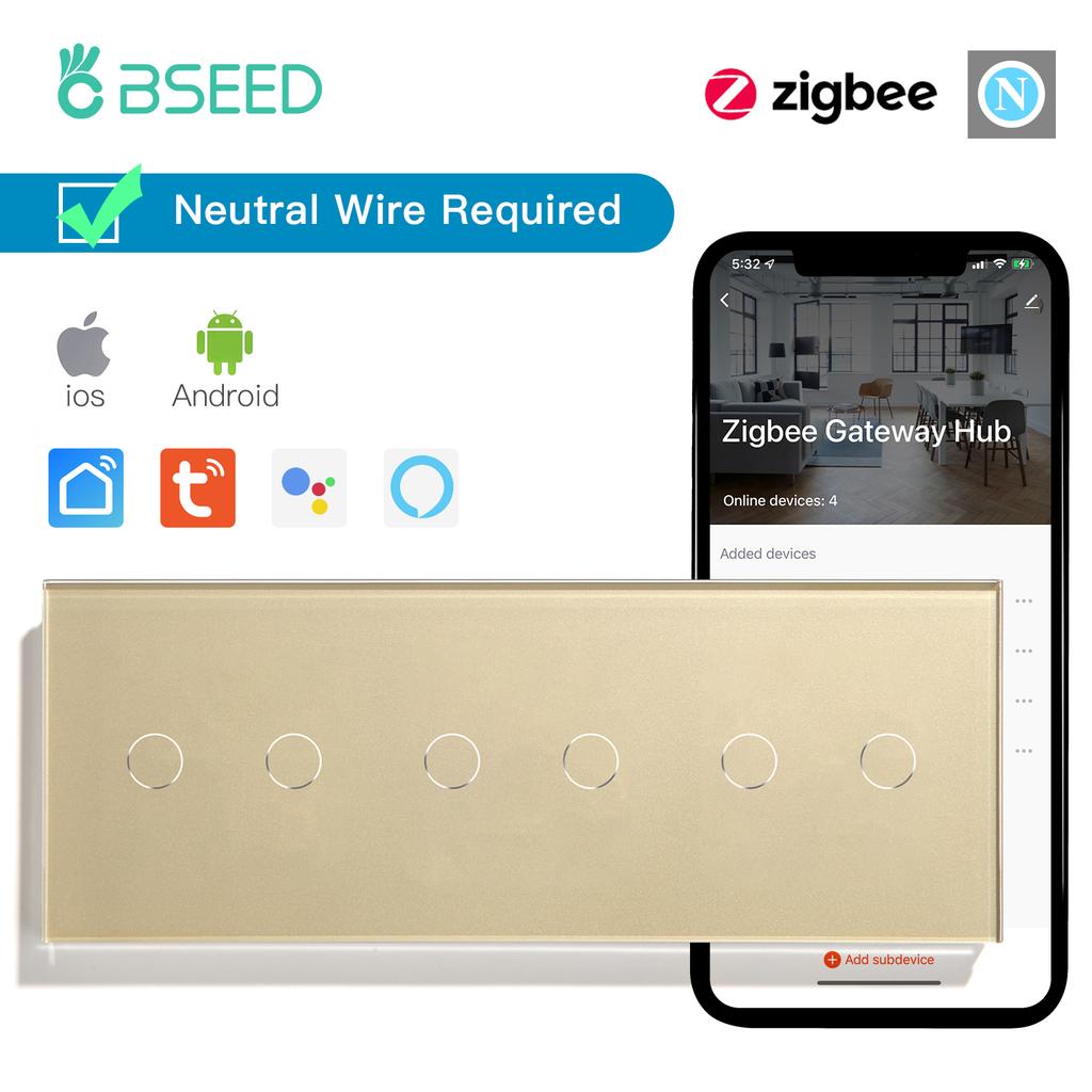 BSEED zigbee 1/2/3Gang Smart Touch Switches Tuya Smart Life App Control Plus Normal Power Sockets EU Standard Neutral Required