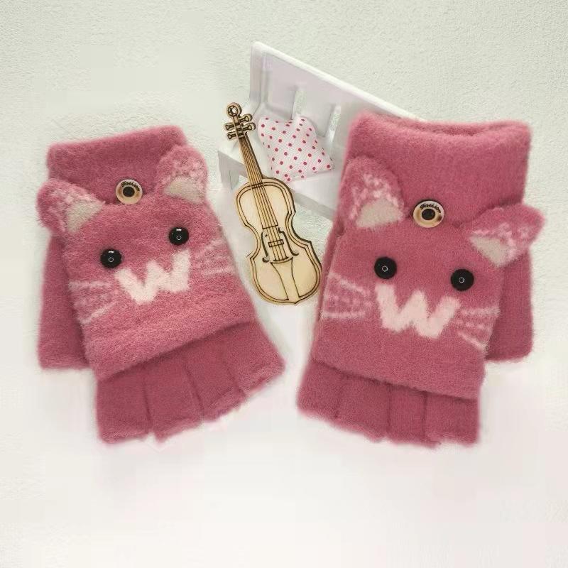 Dětské zimní teplé a proti omrzlinám ruce roztomilé kreslené pletené rukavice bez prstů s odklápěcím palčákem pro chlapce a dívky, starší děti a studenty