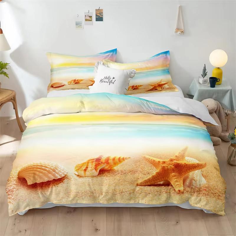 Beach Duvet Cover Set Seashell Starfish Bedding Set Microfiber Conch Scallop Print Comforter Cover Double Full For Kids Adults