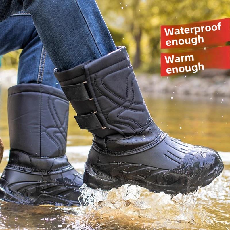 Herren-Stiefel bis zur Wade Outdoor Wasserdicht Schneestiefel Dickes Plüsch Warm Winter Botas Rutschfest Angelstiefel Winter Baumwolle Gummistiefel