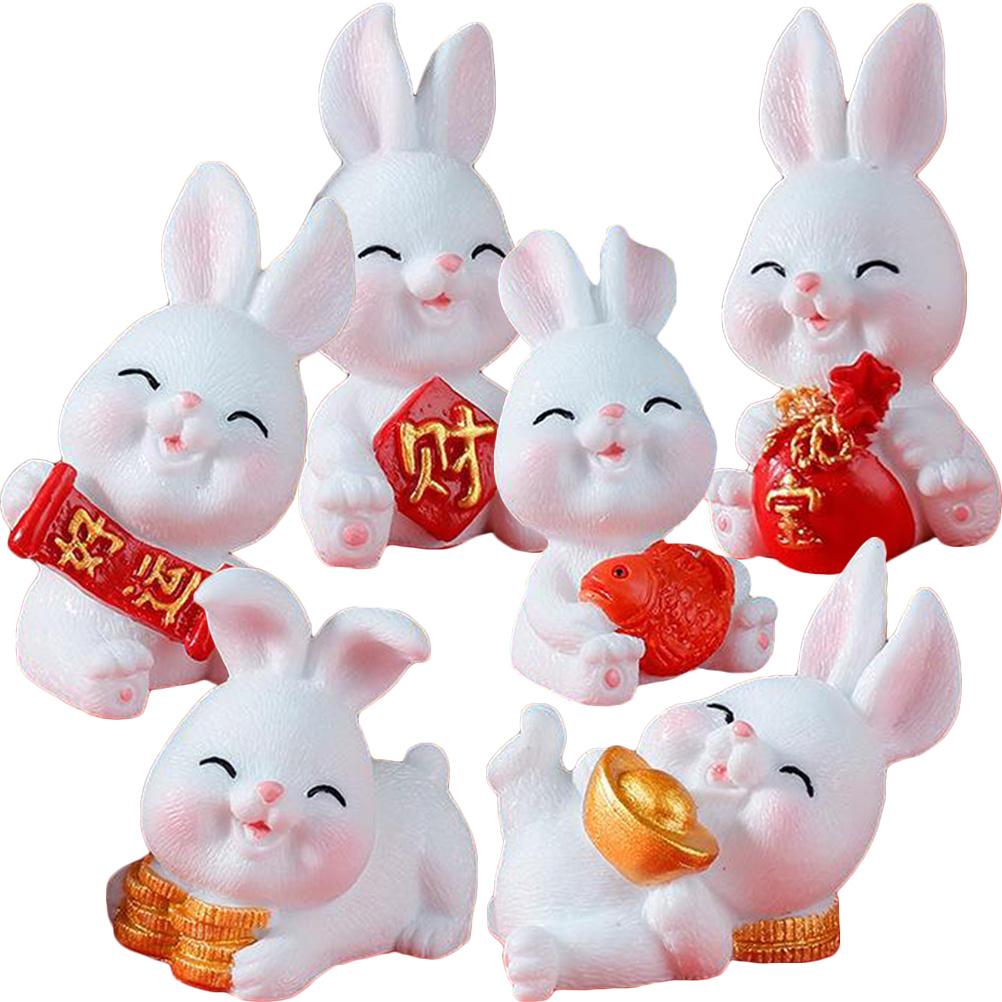 6Pcs Mini Rabbit Ornament Resin Craft Bunny for Desktop Garden Scene Decor Tiny Animal Statue Collection Gift Idea New Year